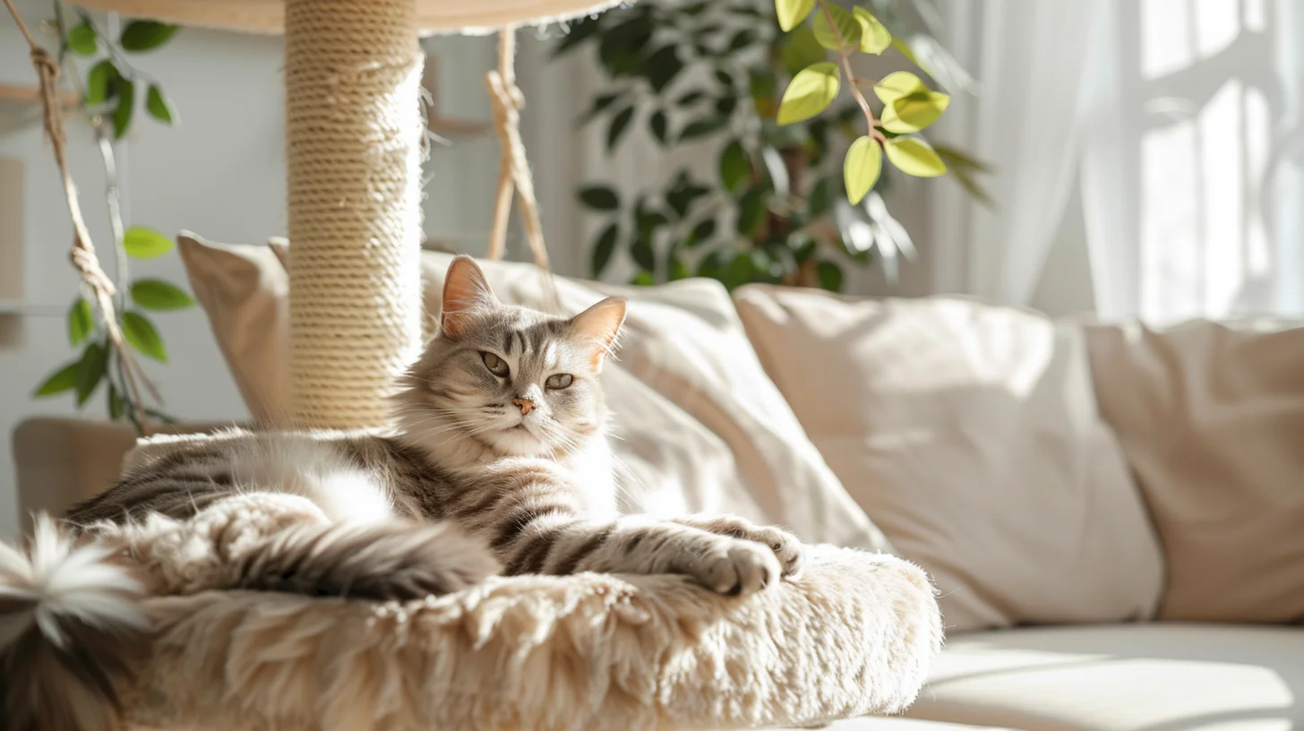 Katt som hviler på en myk plattform på et klorestativ i et lyst hjem
