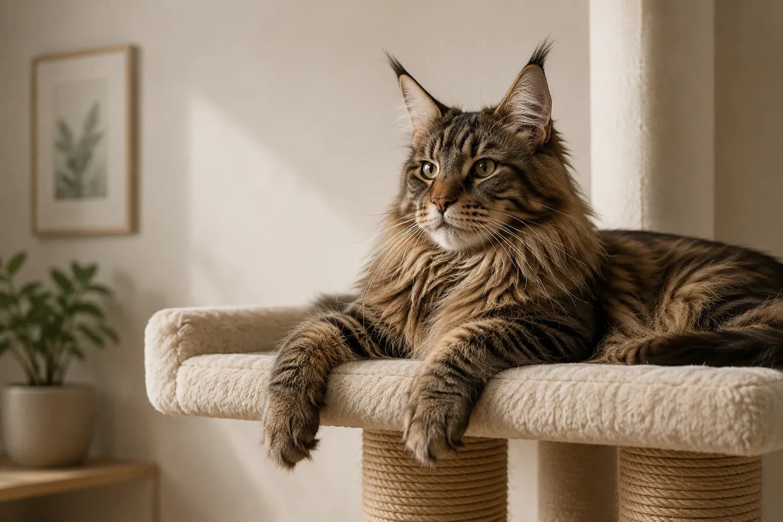 Maine Coon på stort klorestativ med bred plattform